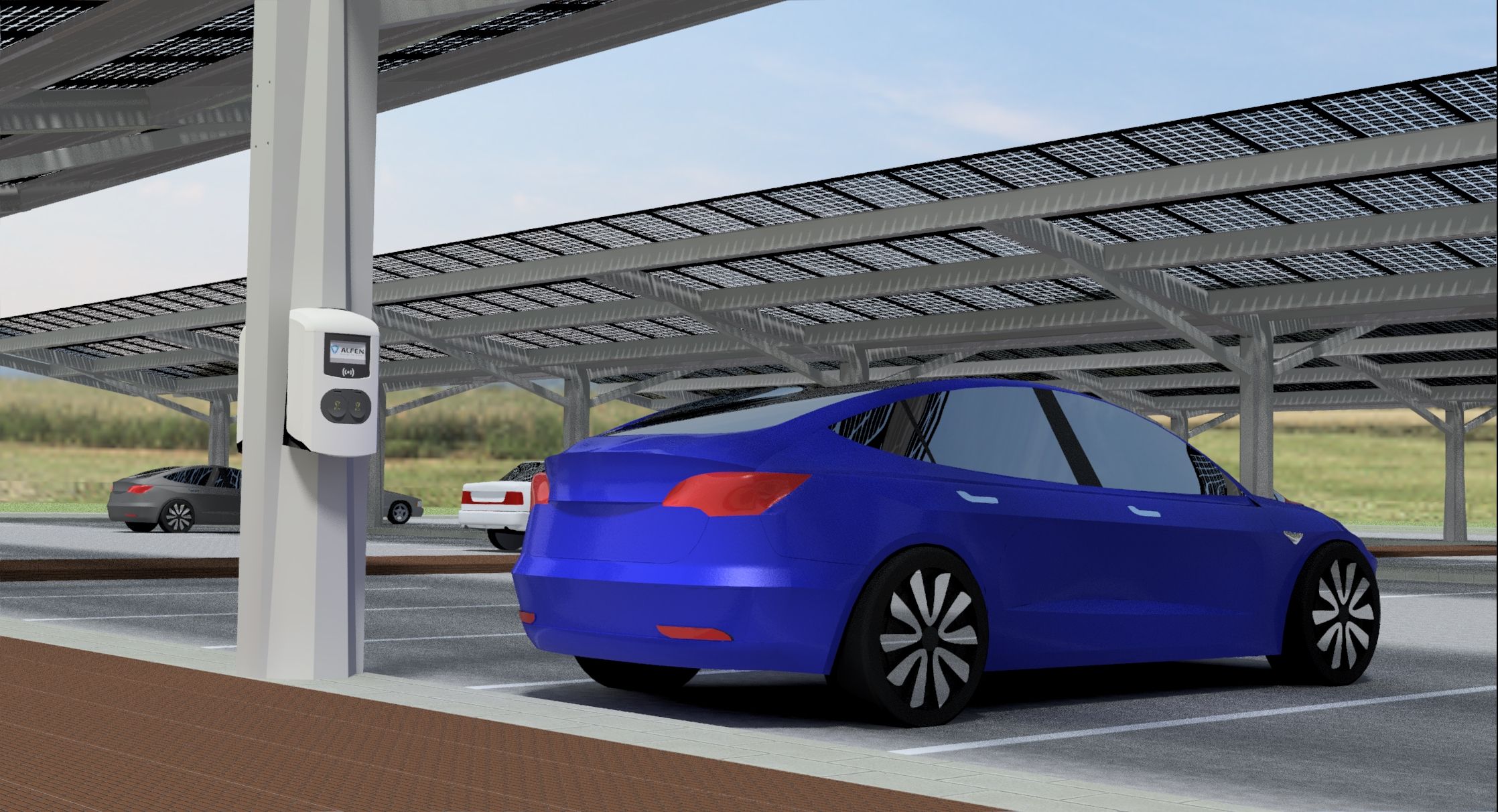 Artistieke impressie van carports met zonnepanelen op parkeerplaats. Beeldrechten zijn van Solar Partners en Eneco.